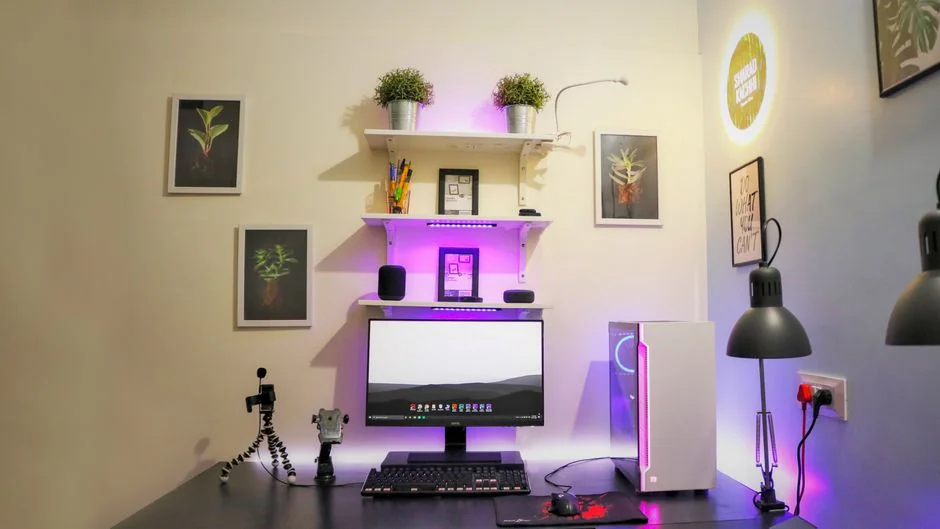 Top view of colorful rectangular notebook surrounded by pens and pot plant composing with professional photo camera and lens on wooden table in bright room
